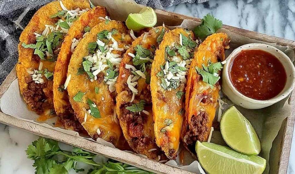 Crispy Baked Tacos 5 Crispy baked tacos on a baking sheet fresh from the oven, golden and filled with seasoned ground beef and melted cheese
