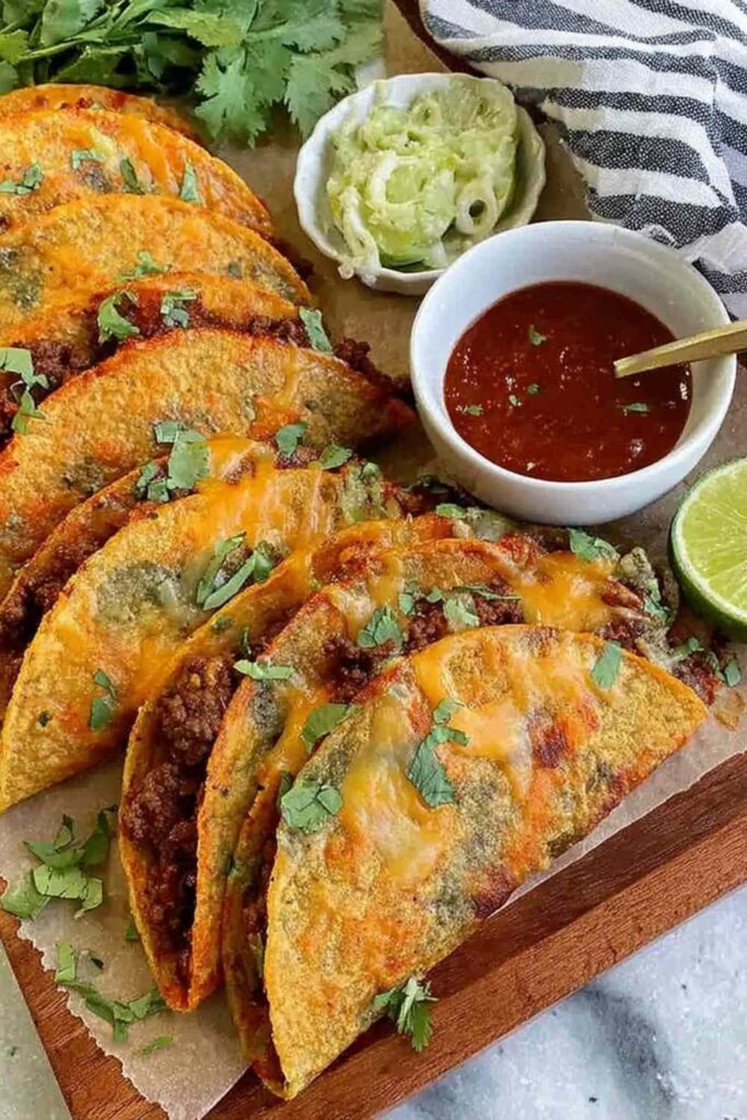 Crispy Baked Tacos 6 Crispy baked tacos on a baking sheet fresh from the oven, golden and filled with seasoned ground beef and melted cheese