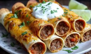 Crispy cheesy beef taquitos on a white plate served with sour cream and salsa dipping sauces