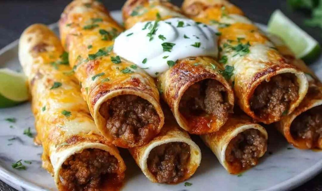 Crispy cheesy beef taquitos on a white plate served with sour cream and salsa dipping sauces