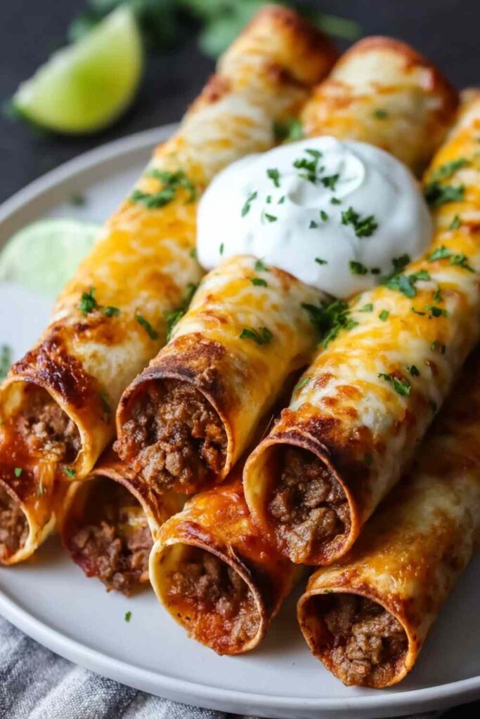 Crispy cheesy beef taquitos on a white plate served with sour cream and salsa dipping sauces