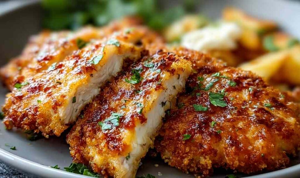 Crispy Malibu Chicken with melted Swiss cheese and ham on a white plate drizzled with mustard sauce