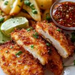 Crispy Malibu Chicken with melted Swiss cheese and ham on a white plate drizzled with mustard sauce