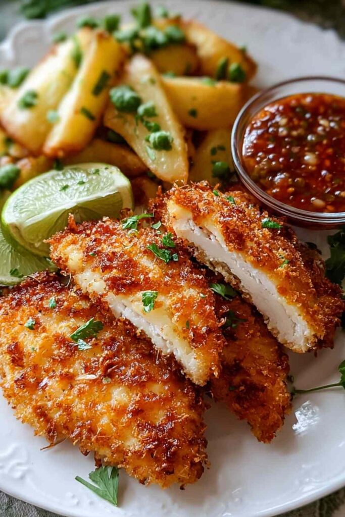 Crispy Malibu Chicken with melted Swiss cheese and ham on a white plate drizzled with mustard sauce