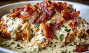 Crock pot crack chicken with shredded chicken, melted cheddar, crispy bacon, and green onions in a slow cooker