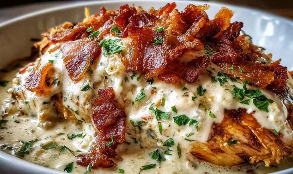 Crock pot crack chicken with shredded chicken, melted cheddar, crispy bacon, and green onions in a slow cooker