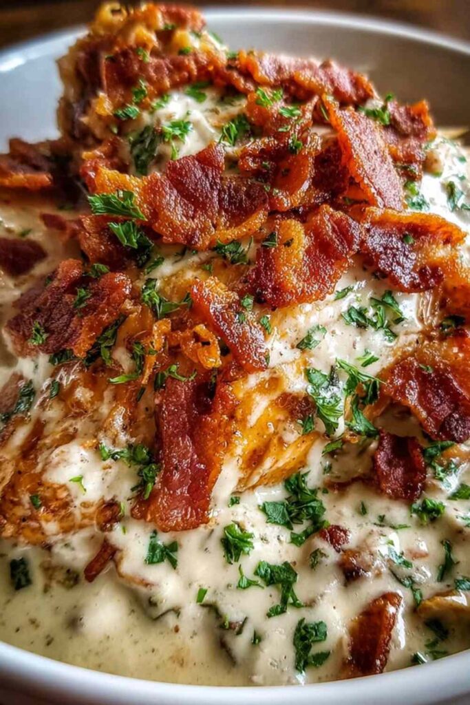 Crock pot crack chicken with shredded chicken, melted cheddar, crispy bacon, and green onions in a slow cooker