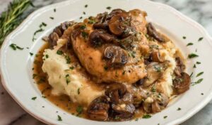 Crockpot chicken marsala with golden chicken thighs and mushrooms in a rich Marsala wine cream sauce served over mashed potatoes