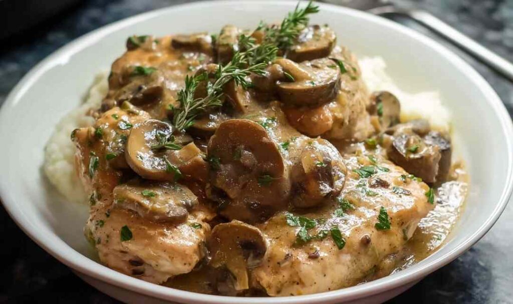 Crockpot chicken marsala with golden chicken thighs and mushrooms in a rich Marsala wine cream sauce served over mashed potatoes