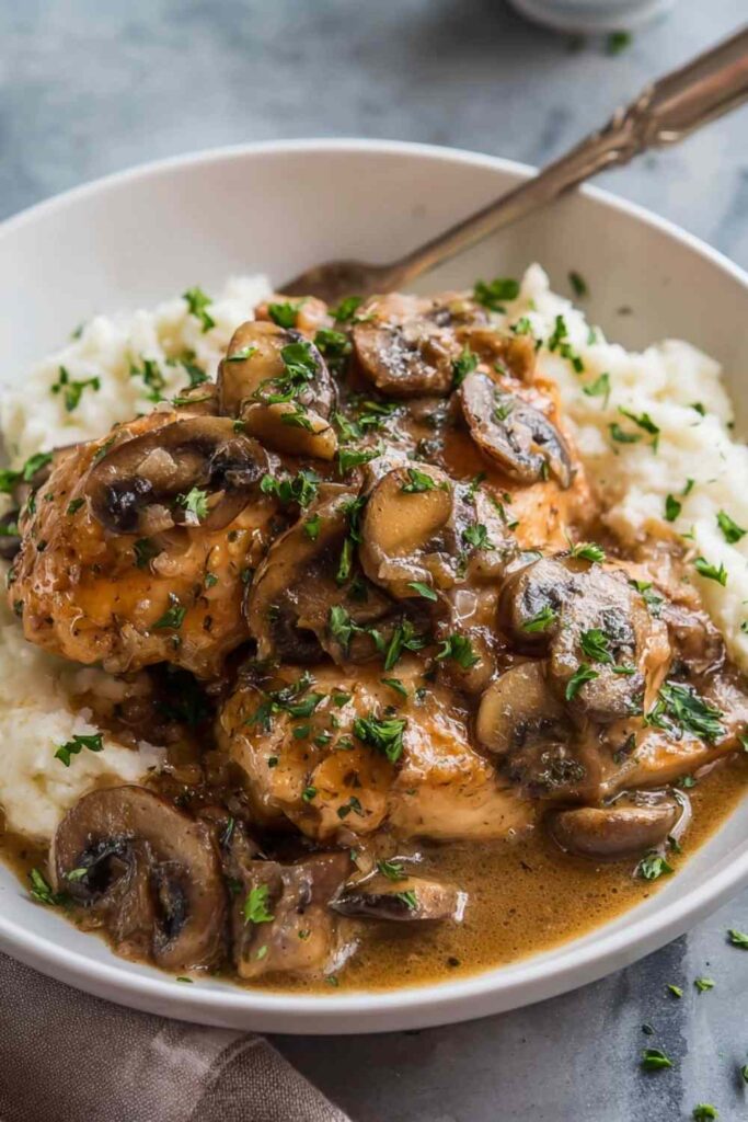 Crockpot chicken marsala with golden chicken thighs and mushrooms in a rich Marsala wine cream sauce served over mashed potatoes
