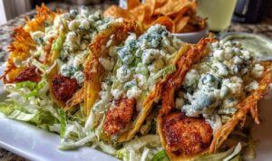 Dill Pickle Ranch Smash Chicken Tacos with Crispy Cheese Lace Dill Pickle Ranch Smash Chicken Tacos topped with crispy cheese lace and creamy ranch drizzle on a white plate