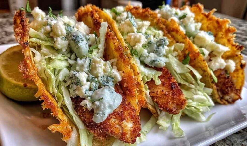 Dill Pickle Ranch Smash Chicken Tacos with Crispy Cheese Lace 5 Dill Pickle Ranch Smash Chicken Tacos topped with crispy cheese lace and creamy ranch drizzle on a white plate