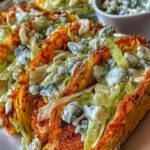 Dill Pickle Ranch Smash Chicken Tacos topped with crispy cheese lace and creamy ranch drizzle on a white plate