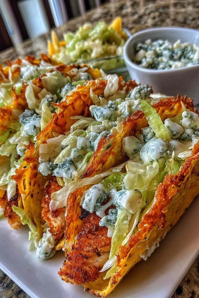 Dill Pickle Ranch Smash Chicken Tacos with Crispy Cheese Lace 6 Dill Pickle Ranch Smash Chicken Tacos topped with crispy cheese lace and creamy ranch drizzle on a white plate