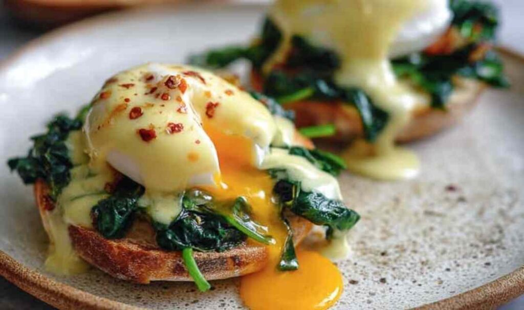 Eggs Florentine Benedict with poached egg and blender hollandaise on toasted English muffin