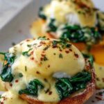 Eggs Florentine Benedict with poached egg and blender hollandaise on toasted English muffin