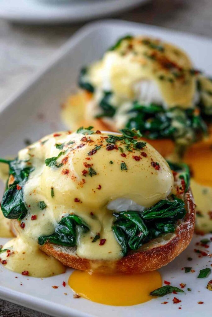 Eggs Florentine Benedict with poached egg and blender hollandaise on toasted English muffin
