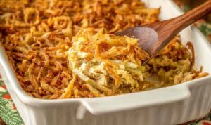 French Onion Chicken Bake French onion chicken bake in a 9x13 baking pan with golden crispy French fried onion topping fresh from the oven