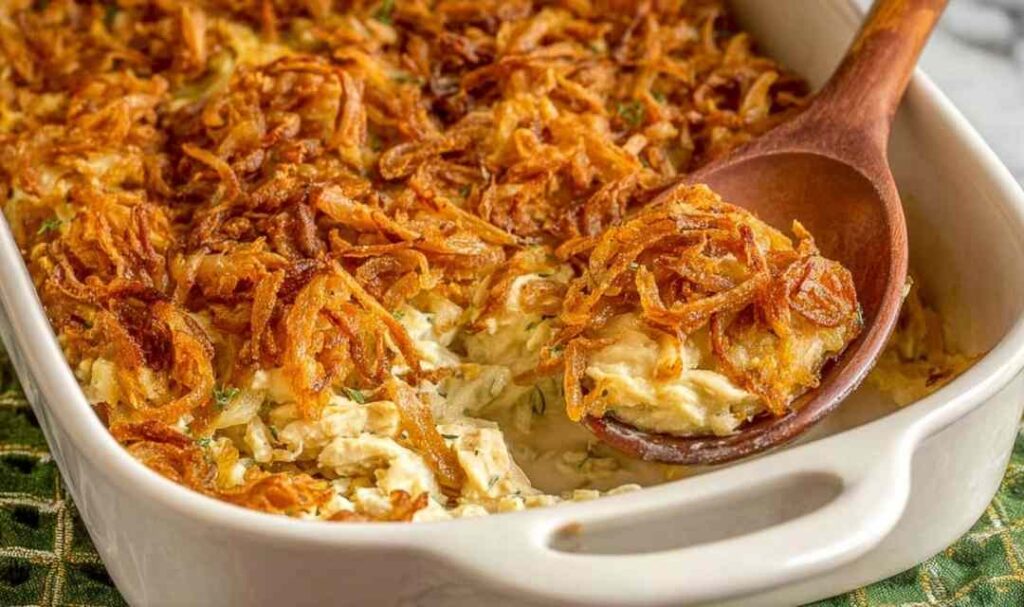 French onion chicken bake in a 9x13 baking pan with golden crispy French fried onion topping fresh from the oven