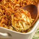 French onion chicken bake in a 9x13 baking pan with golden crispy French fried onion topping fresh from the oven