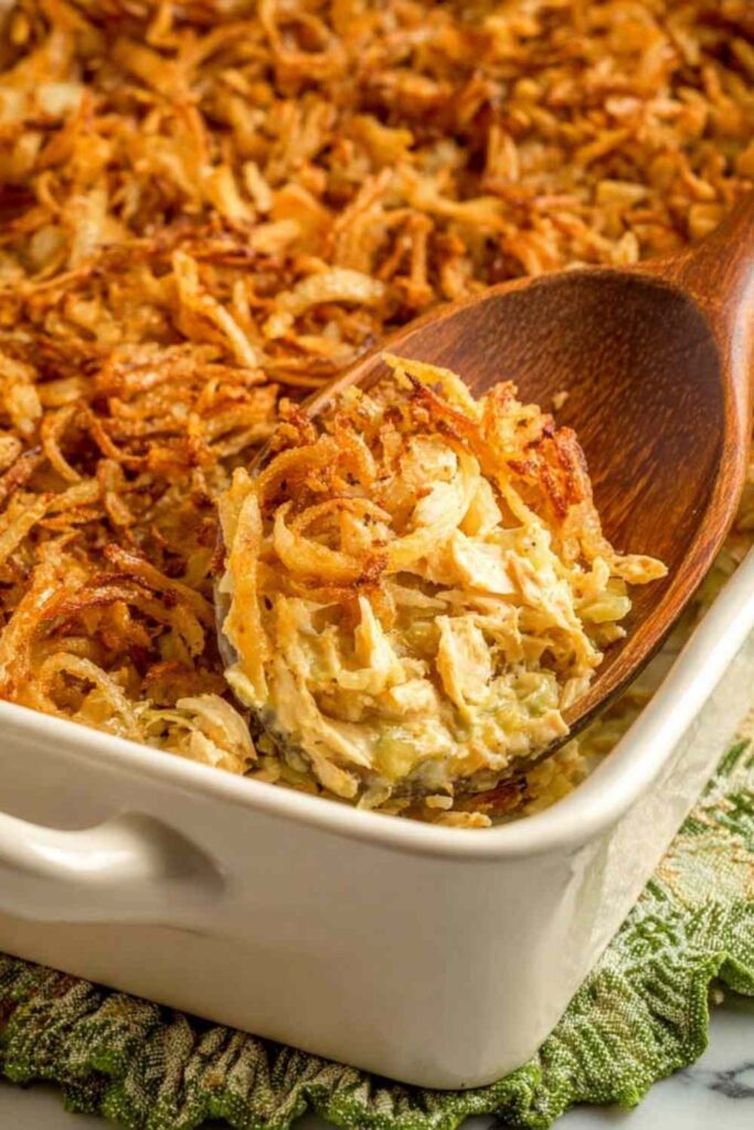 French onion chicken bake in a 9x13 baking pan with golden crispy French fried onion topping fresh from the oven