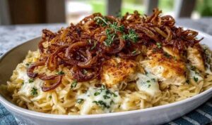 French Onion Chicken Orzo Casserole in a white baking dish with golden bubbly Gruyere cheese topping and fresh parsley garnish