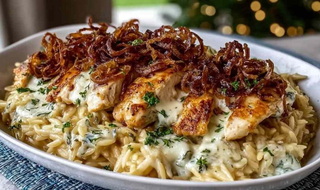 French Onion Chicken Orzo Casserole in a white baking dish with golden bubbly Gruyere cheese topping and fresh parsley garnish
