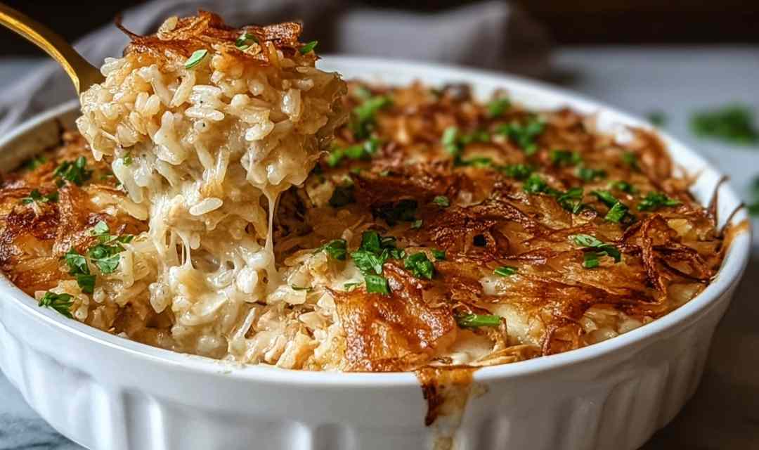 French onion chicken rice bake in a white baking dish with melted Gruyere cheese and fresh parsley