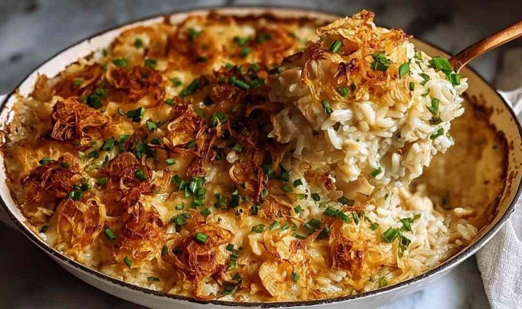 French onion chicken rice bake in a white baking dish with melted Gruyere cheese and fresh parsley