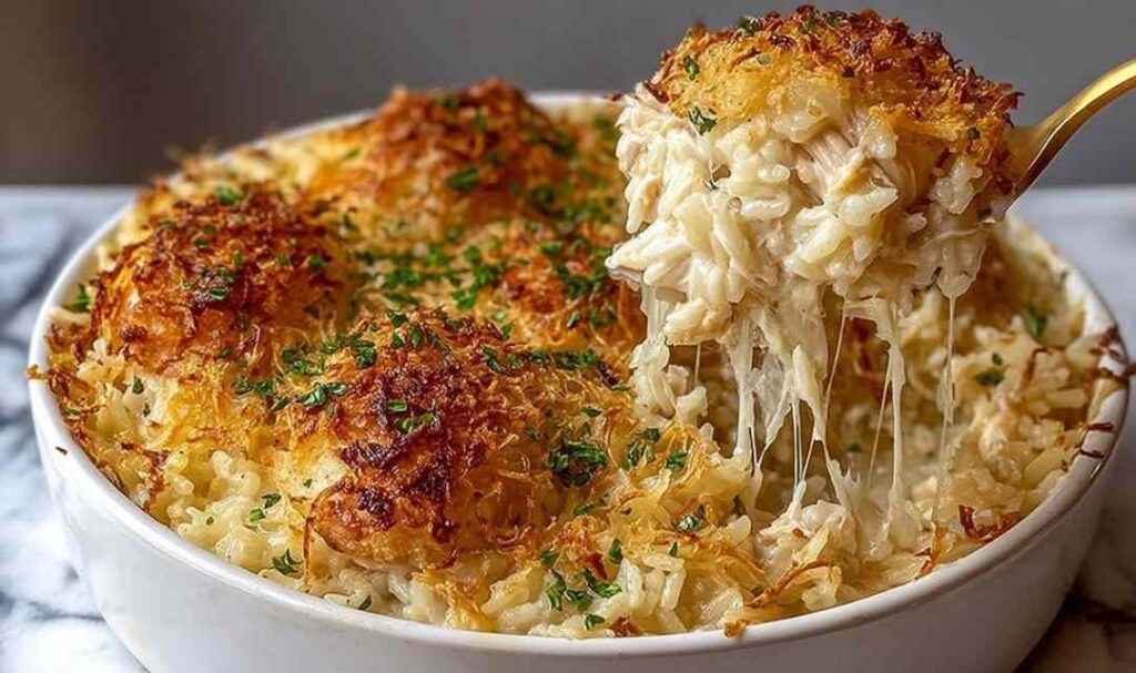 French onion chicken rice bake in a white 9x13 baking dish with melted Gruyere cheese and golden caramelized onions