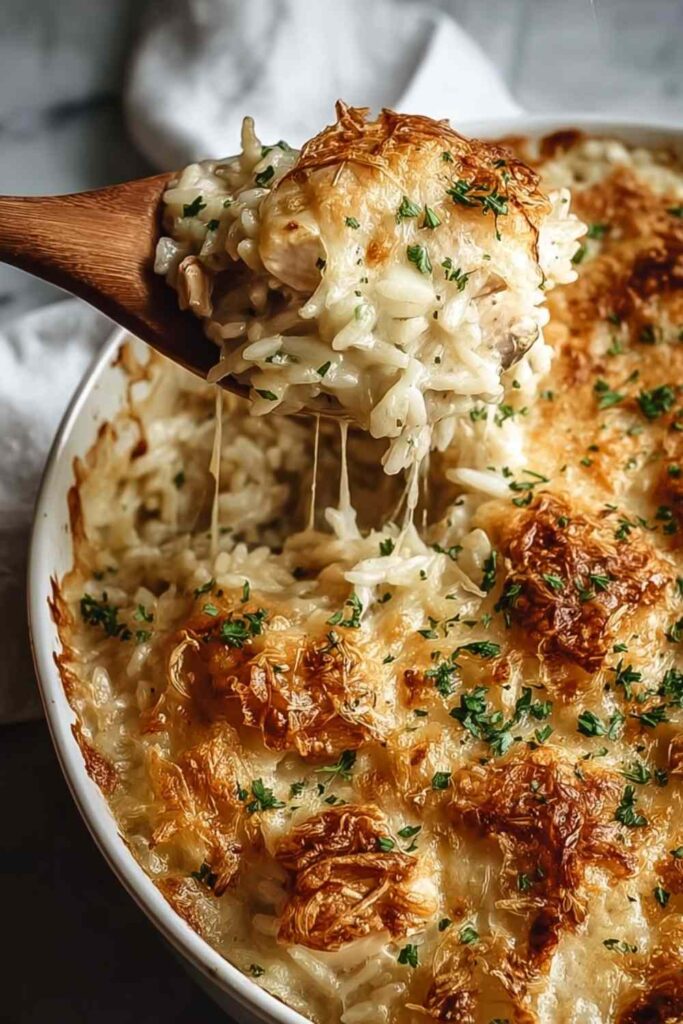 French onion chicken rice bake in a white baking dish with melted Gruyere cheese and fresh parsley