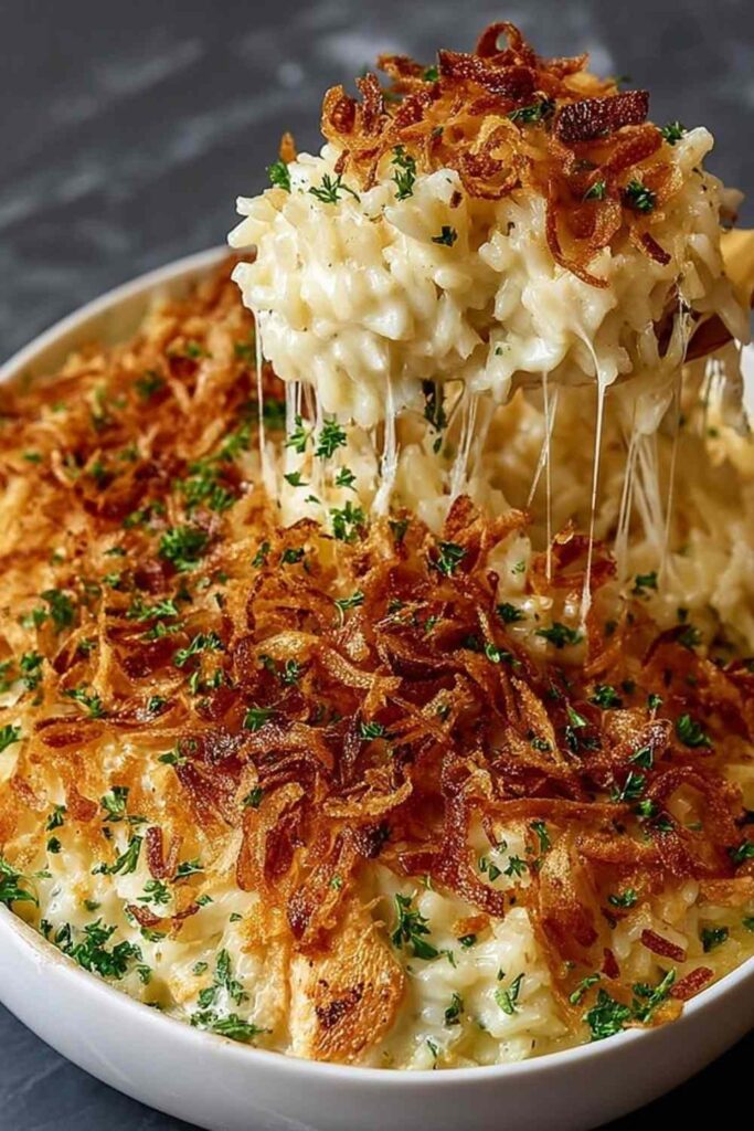 French onion chicken rice bake in a white 9x13 baking dish with melted Gruyere cheese and golden caramelized onions