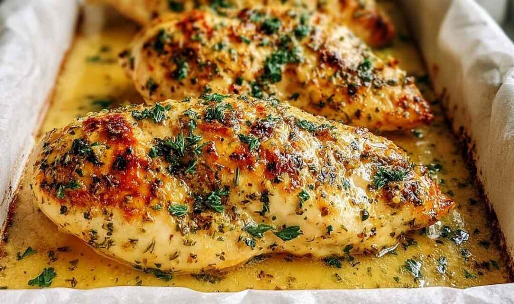 Garlic butter baked chicken breast served on a white plate with fresh parsley and lemon wedges