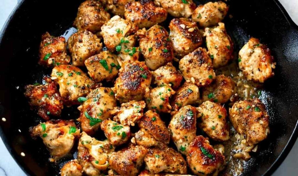 Garlic butter chicken bites in a cast iron skillet with fresh parsley and golden crust