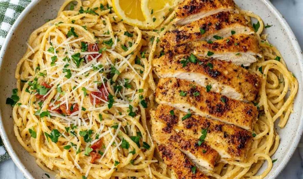 Garlic butter chicken pasta in a skillet with creamy Parmesan sauce and fresh parsley garnish