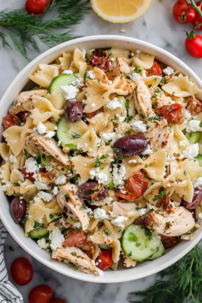 Greek chicken pasta salad with feta cheese, Kalamata olives, cucumber, and cherry tomatoes in a large white bowl