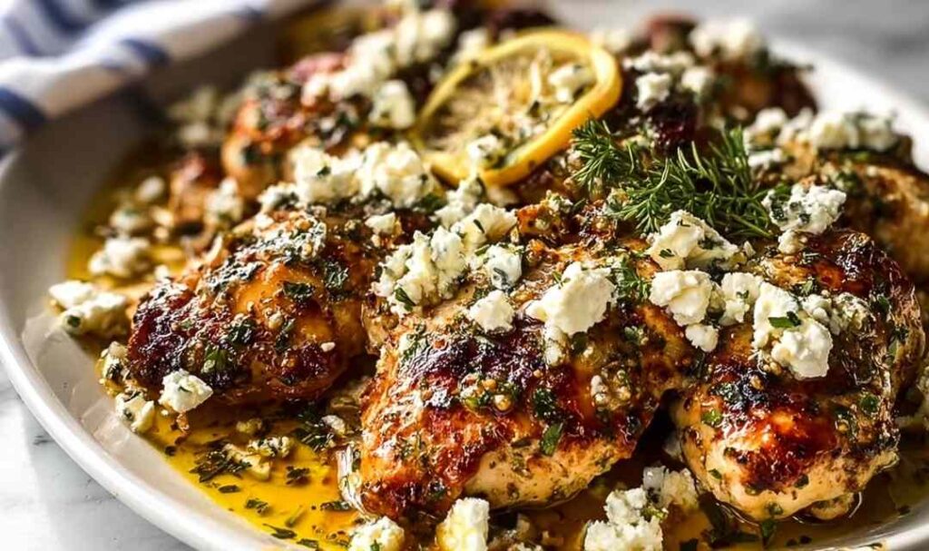 Greek Chicken with Lemon and Feta 5 Greek chicken with lemon and feta baked in a white dish topped with crumbled feta and fresh dill
