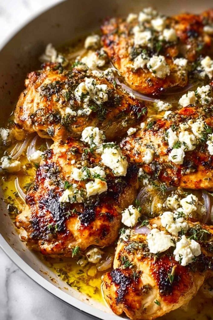 Greek Chicken with Lemon and Feta 6 Greek chicken with lemon and feta baked in a white dish topped with crumbled feta and fresh dill