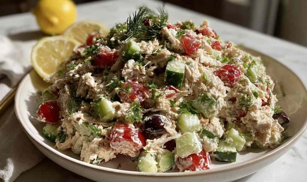 Greek tzatziki chicken salad in a white bowl topped with fresh dill and chopped almonds
