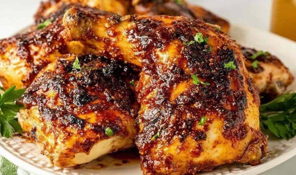 Grilled BBQ whole chicken pieces with caramelized barbecue glaze arranged on a serving platter