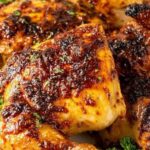 Grilled BBQ whole chicken pieces with caramelized barbecue glaze arranged on a serving platter