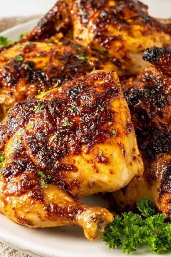 Grilled BBQ whole chicken pieces with caramelized barbecue glaze arranged on a serving platter