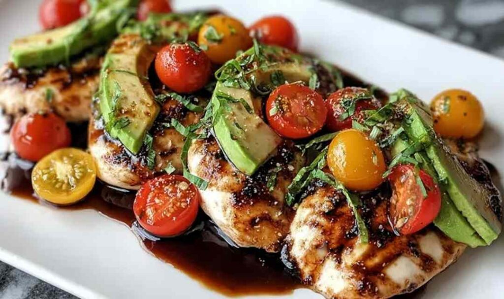 Grilled California avocado chicken breast topped with sliced avocado, cherry tomatoes, and melted mozzarella on a white plate