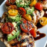 Grilled California avocado chicken breast topped with sliced avocado, cherry tomatoes, and melted mozzarella on a white plate