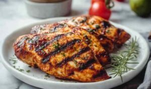 Juicy grilled chicken breast with char marks on a white plate finished with fresh lime and cilantro