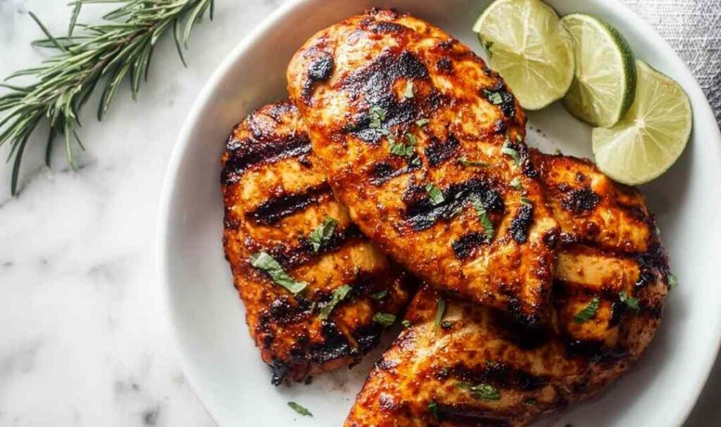 Juicy grilled chicken breast with char marks on a white plate finished with fresh lime and cilantro