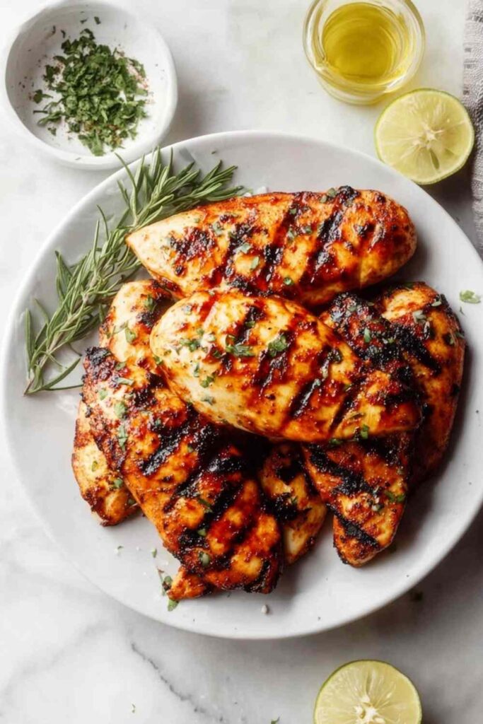 Juicy grilled chicken breast with char marks on a white plate finished with fresh lime and cilantro