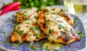 Grilled salsa verde chicken with melted pepper Jack cheese topped with fresh cilantro and lime wedges on a white plate