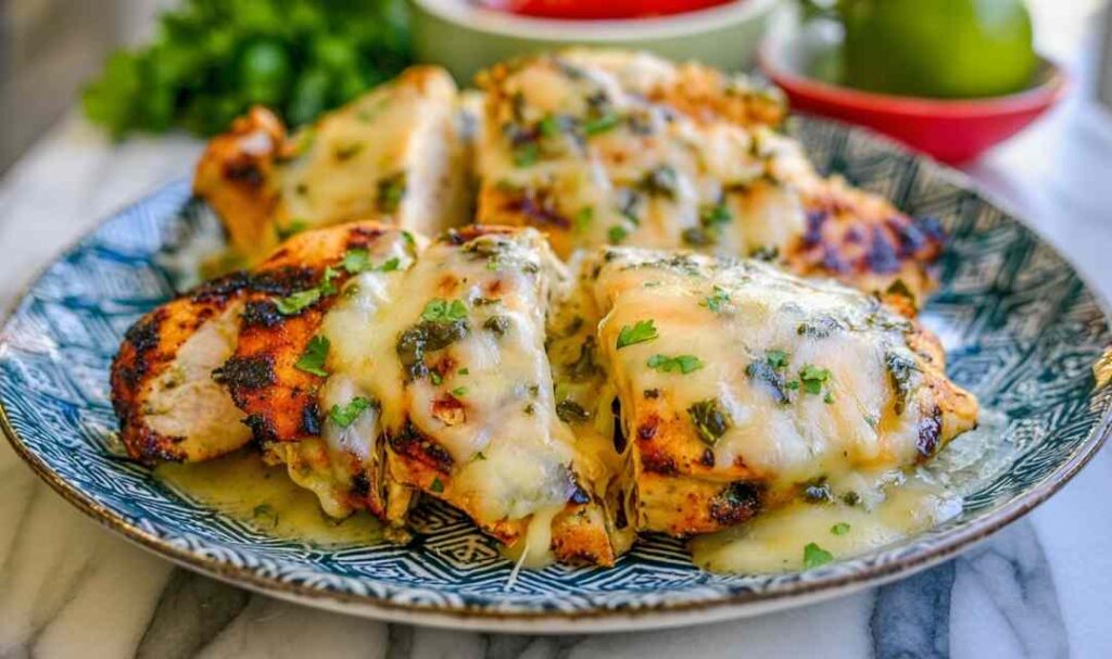 Grilled salsa verde chicken with melted pepper Jack cheese topped with fresh cilantro and lime wedges on a white plate