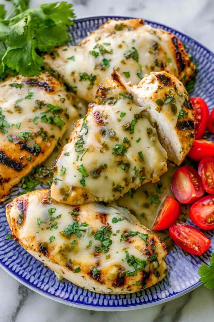 Grilled salsa verde chicken with melted pepper Jack cheese topped with fresh cilantro and lime wedges on a white plate